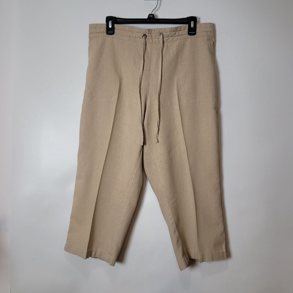 Per Se Beige Linen Blend Cropped Pants With Drawstring Waist Lg